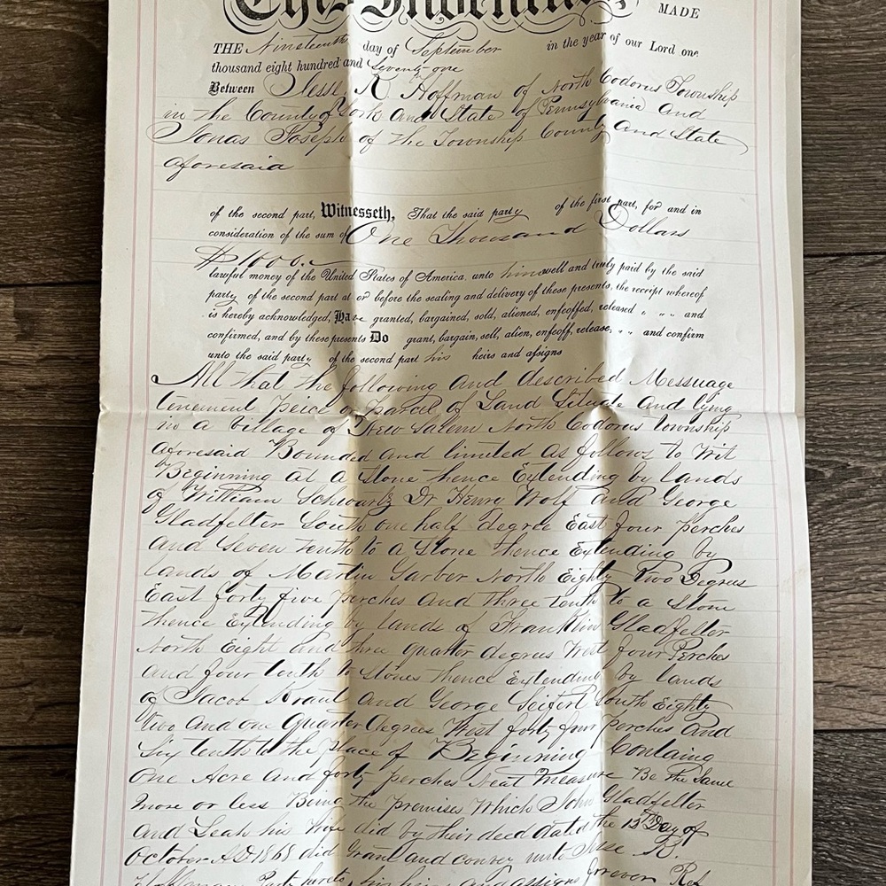 Antique 1871 Deed from County of York Pennsylvania - Ephemera